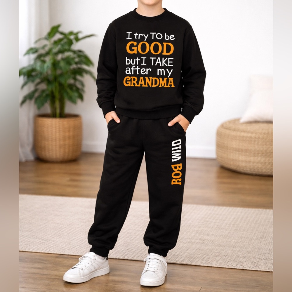 Boys Black Graphic Sweat Set 8-10 Wild Boy Grandma Quote Outfit